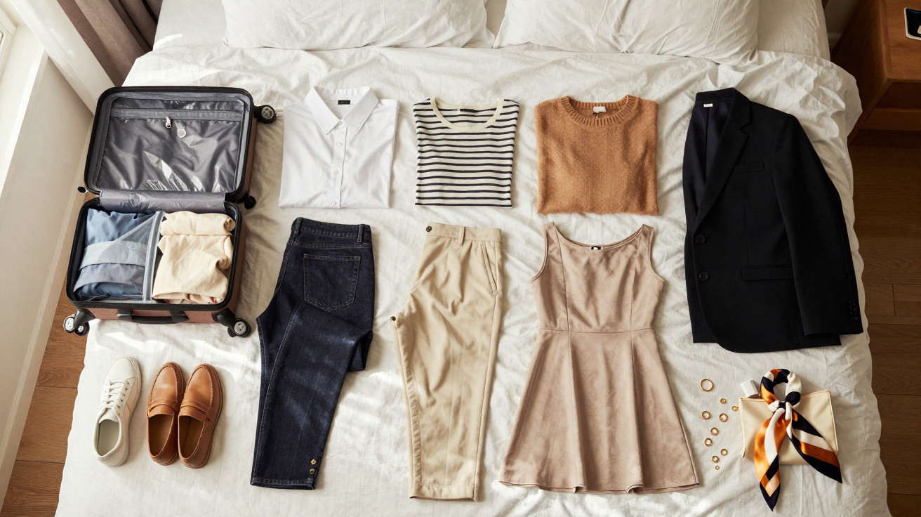 Mala aberta com roupas casuais e formais organizadas numa cama branca, incluindo calças, camisas, vestido, casaco e sapatos.