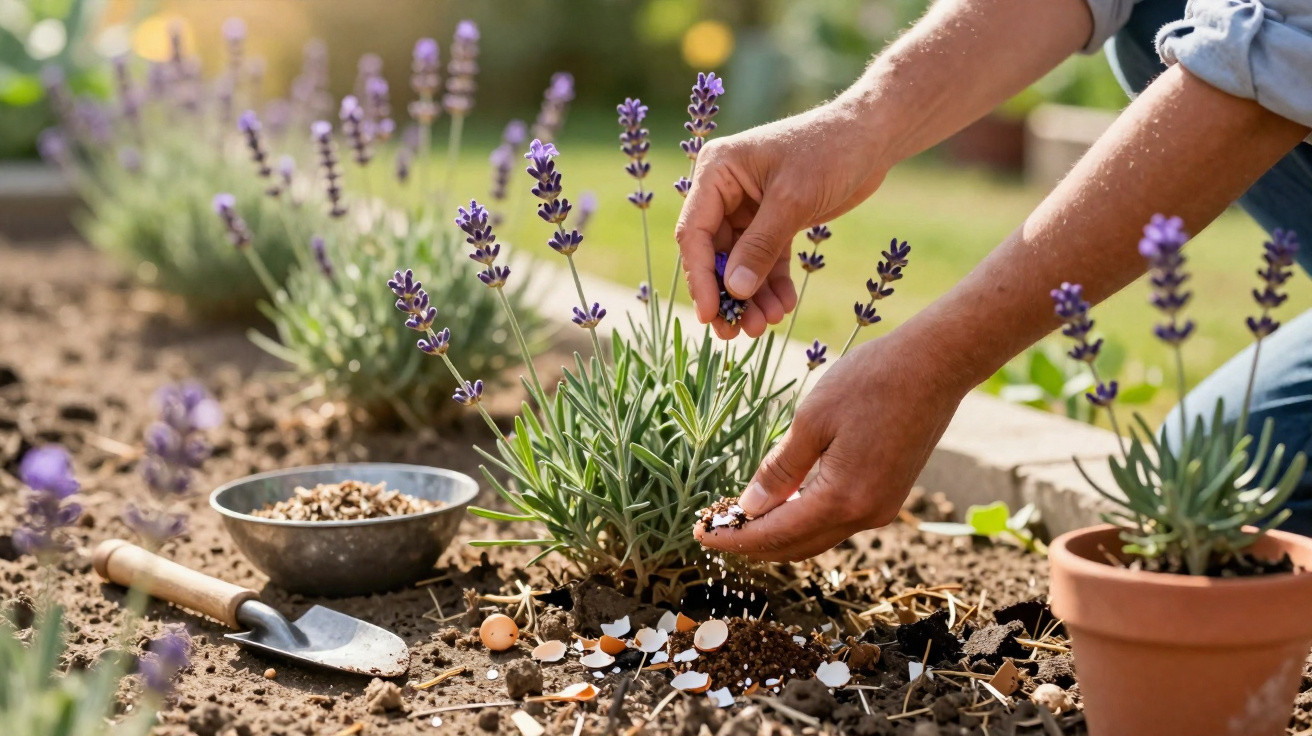 Pessoa a adubar plantas de lavanda com cascas de ovos no jardim, ao ar livre em dia soalheiro.