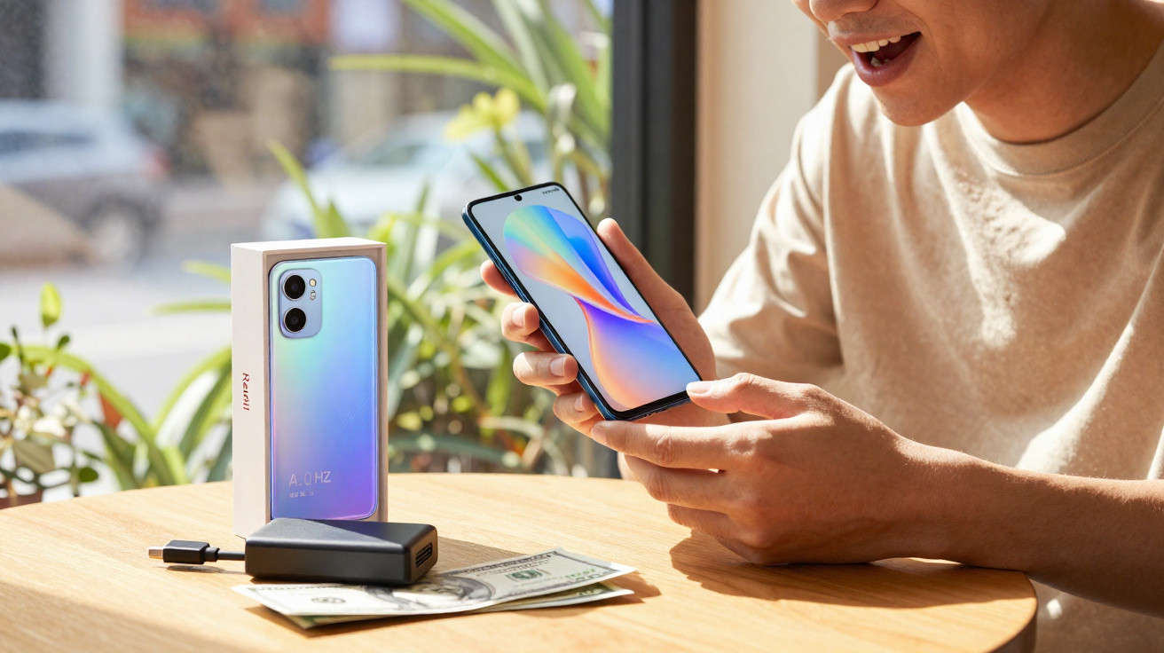 Pessoa segurando um smartphone novo junto à caixa, carregador e notas de dólar numa mesa junto a uma janela.