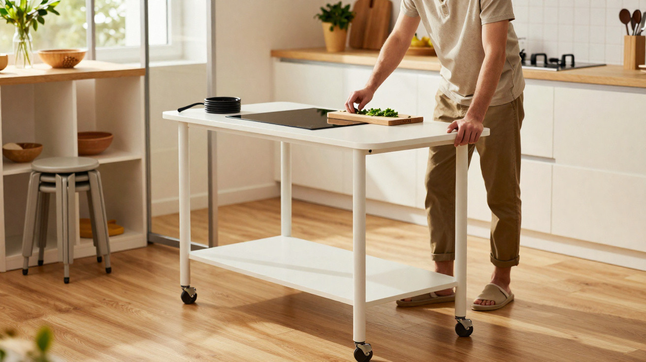 Pessoa em cozinha moderna junto a carrinho de cozinha branco com tabuleiro de legumes e placas de fogão.