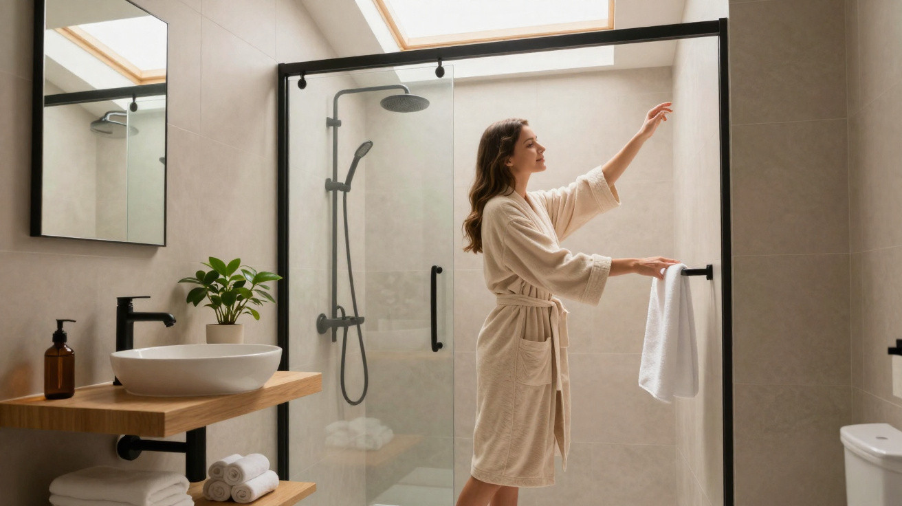 Mulher de robe branco pendura toalha numa casa de banho moderna com chuveiro de vidro e luz natural no teto.