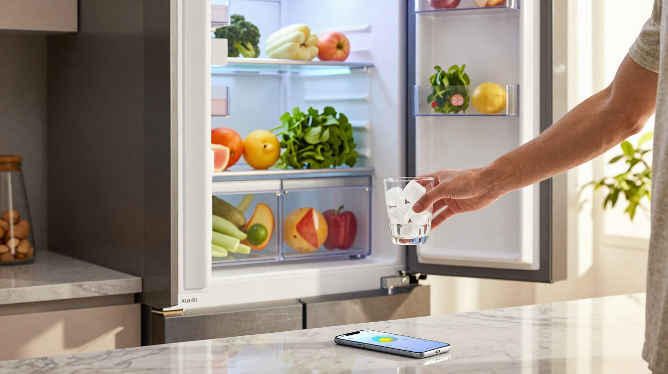 Mão a retirar copo com gelo de frigorífico aberto cheio de frutas com smartphone sobre bancada.