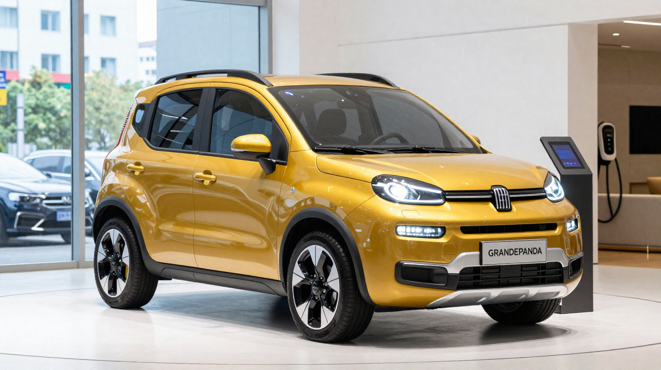 Carro compacto amarelo Fiat Grande Panda em exposição numa sala moderna com janelas grandes.
