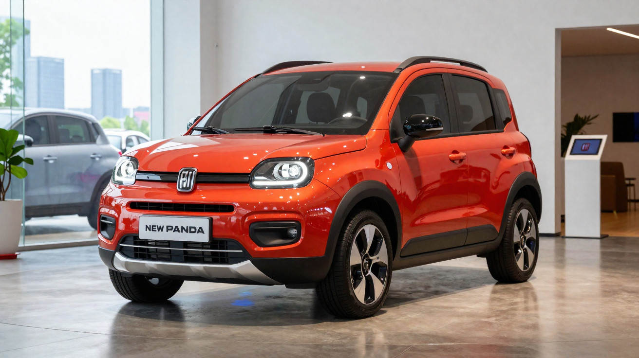 Carro compacto Fiat New Panda cor laranja exposto em sala de showroom moderna.