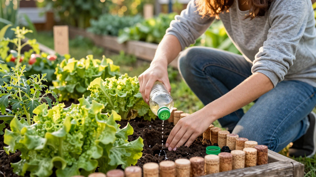 Pessoa a regar plantas numa horta urbana com alfaces em canteiros delimitados por rolhas.
