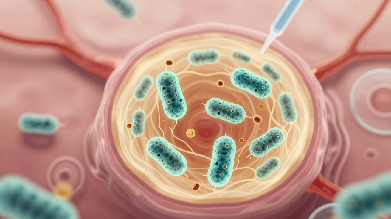 Ilustração de tentativa de inserção de bactéria em célula com aparelho de laboratório.