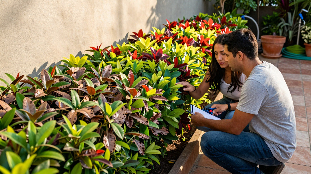 Casal a observar plantas num jardim exterior ensolarado junto a uma parede clara.