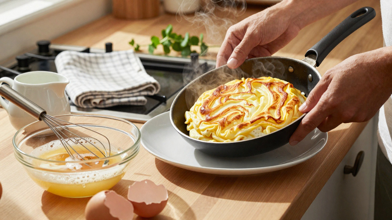 Mãos a transferir tortilha quente de batata numa frigideira para um prato numa cozinha com utensílios.