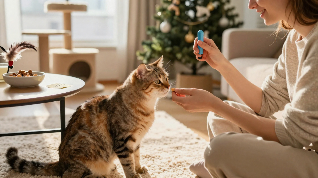 Mulher a dar comprimido a um gato castanho num ambiente acolhedor com árvore de Natal ao fundo.