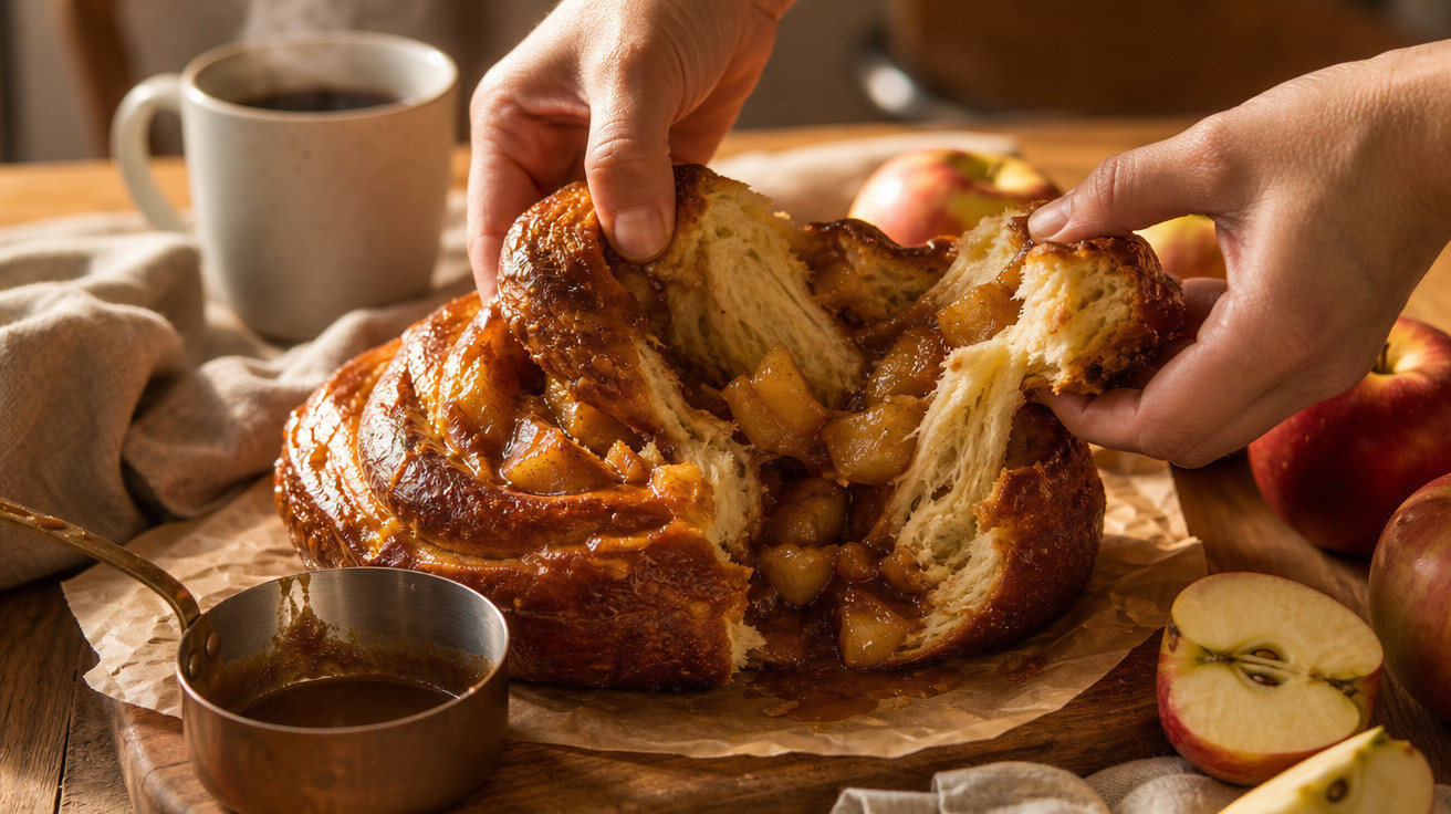 Pão doce recheado com maçãs caramelizadas a ser partido ao meio, numa mesa com maçãs frescas e café.