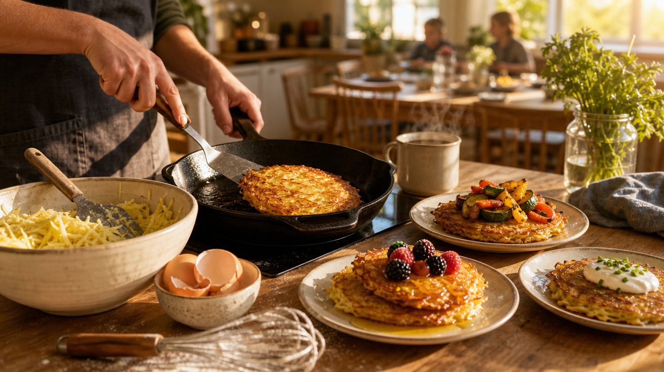 Pessoa a cozinhar röstis numa frigideira, com röstis servidos com frutas, legumes e natas numa mesa.