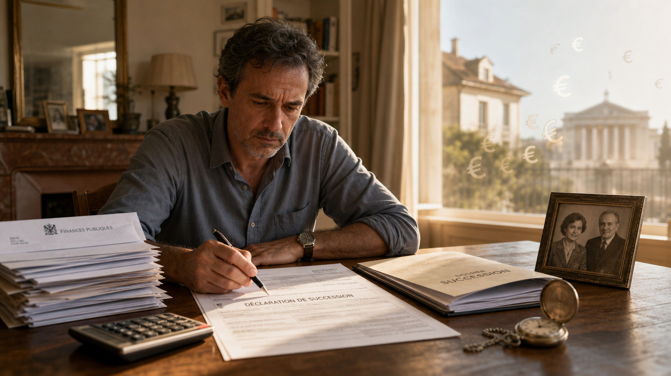 Homem concentrado a preencher declaração de sucessão numa mesa com documentos, calculadora e fotografia antiga.