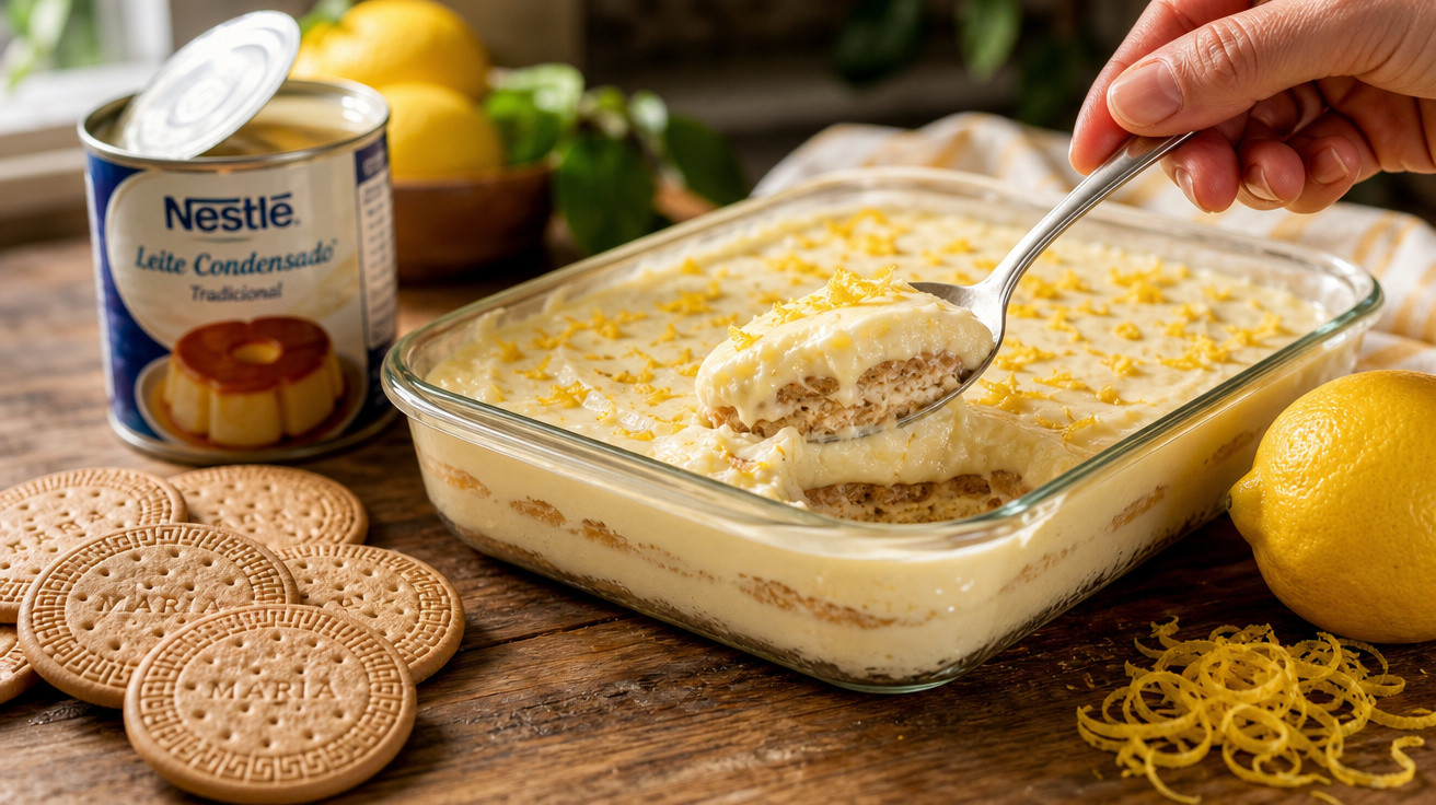 Doce de bolacha com leite condensado, raspas de limão e bolachas Maria num tabuleiro de vidro.