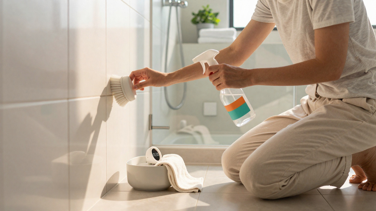 Pessoa a limpar azulejo de casa de banho com escova e spray de limpeza, ao lado de recipiente com pano branco.