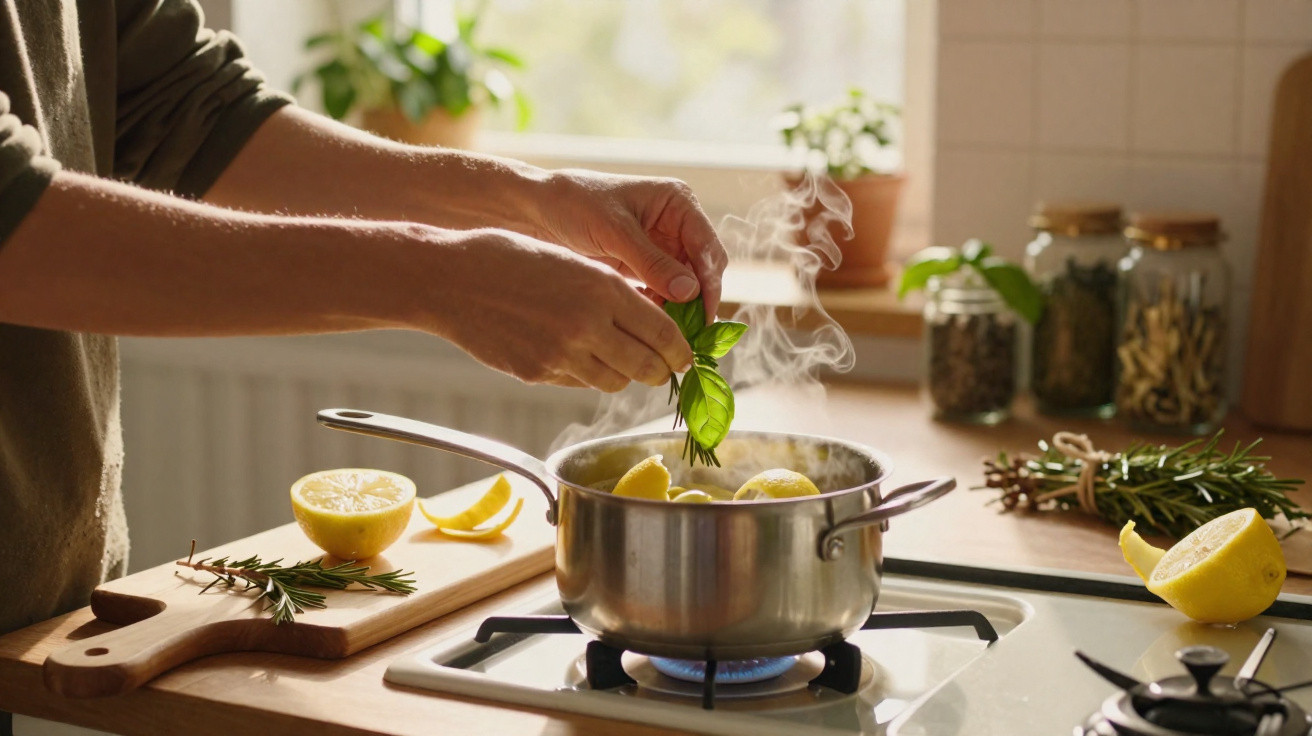Mãos a adicionar ervas frescas numa panela com limões a cozinhar num fogão a gás numa cozinha luminosa.