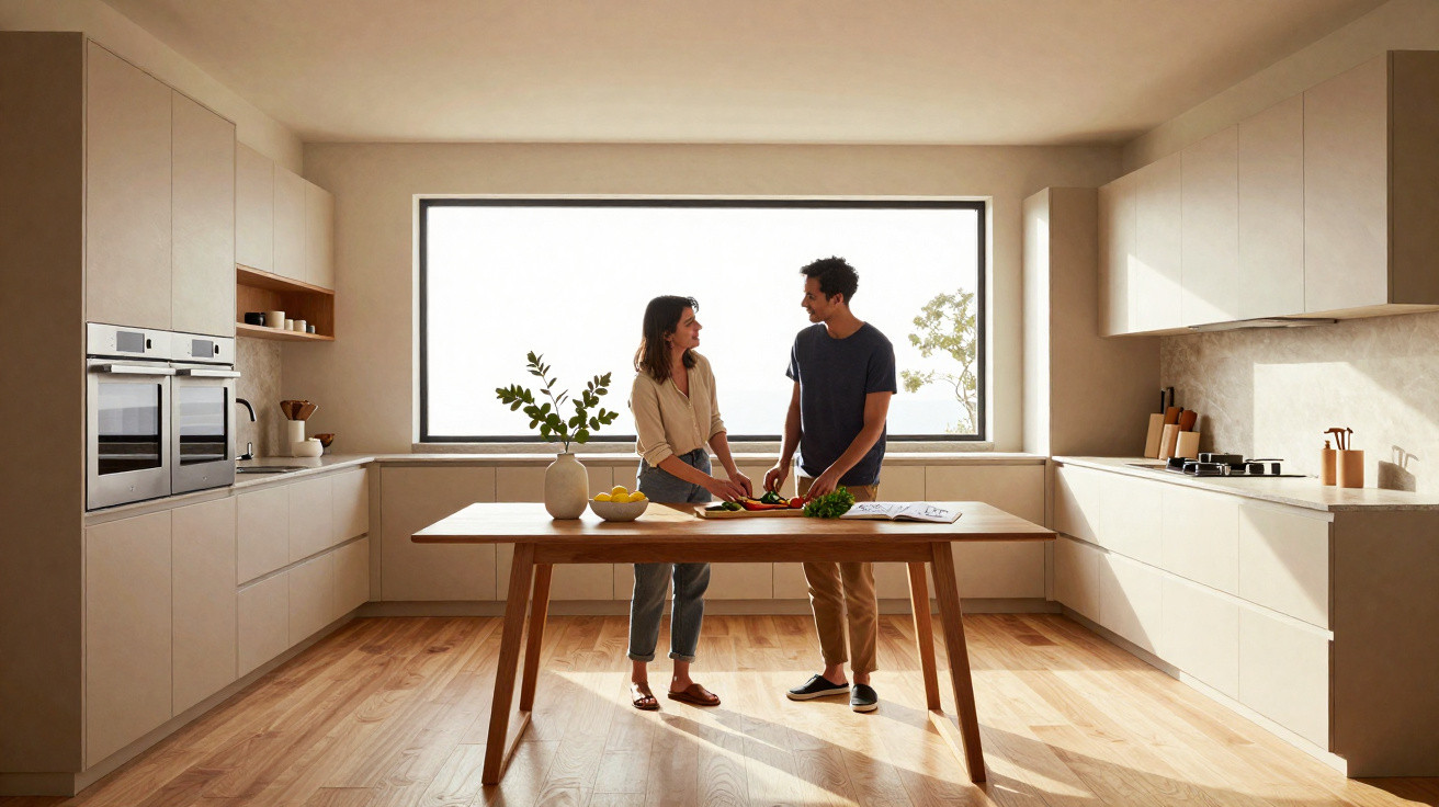 Casal a cozinhar e conversar numa cozinha moderna, com luz natural e móveis claros.