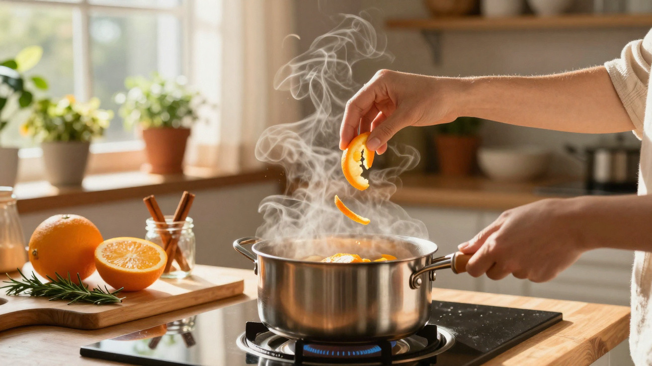 Pessoa a colocar fatias de laranja num tacho com vapor numa cozinha iluminada por luz natural.