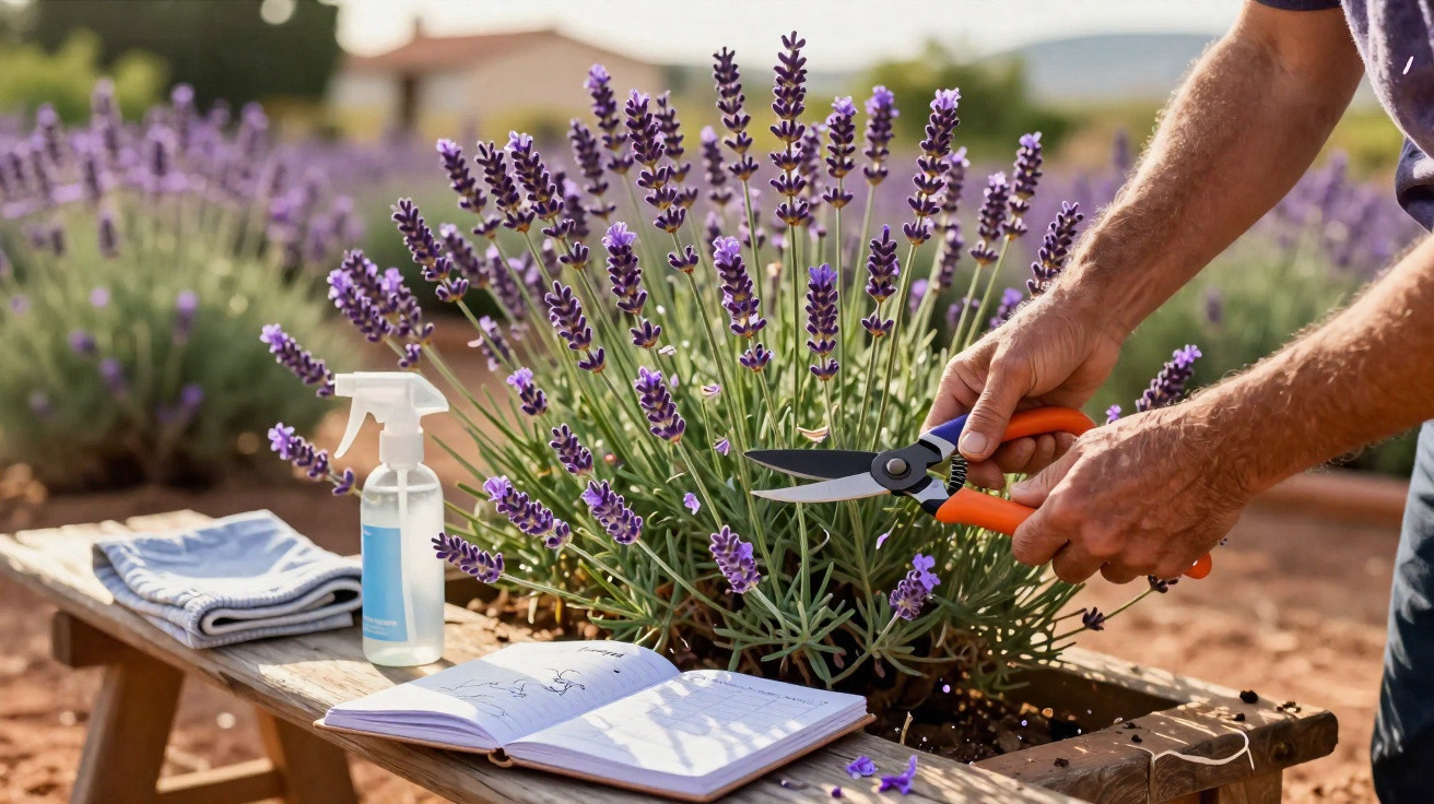 Pessoa a podar flores de lavanda com tesoura de jardinagem num canteiro de madeira ao ar livre.