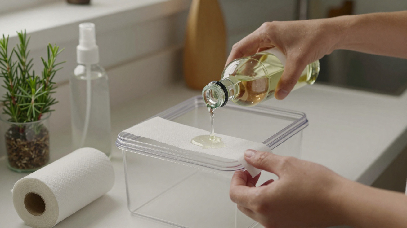 Pessoa a verter líquido em pano sobre recipiente transparente numa cozinha moderna.