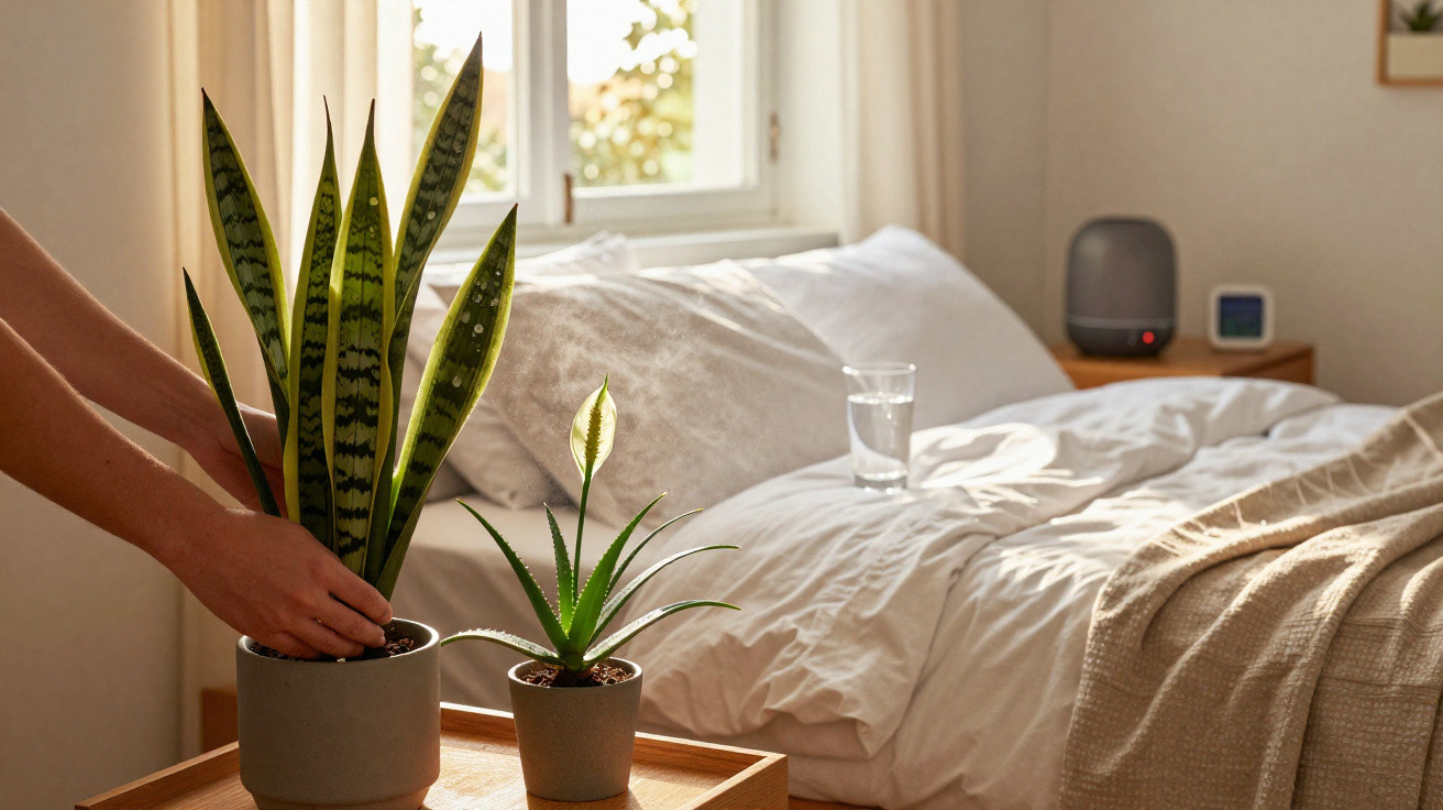 Pessoa a colocar plantas numa mesa junto a uma cama com lençóis claros e copo de água num quarto iluminado.