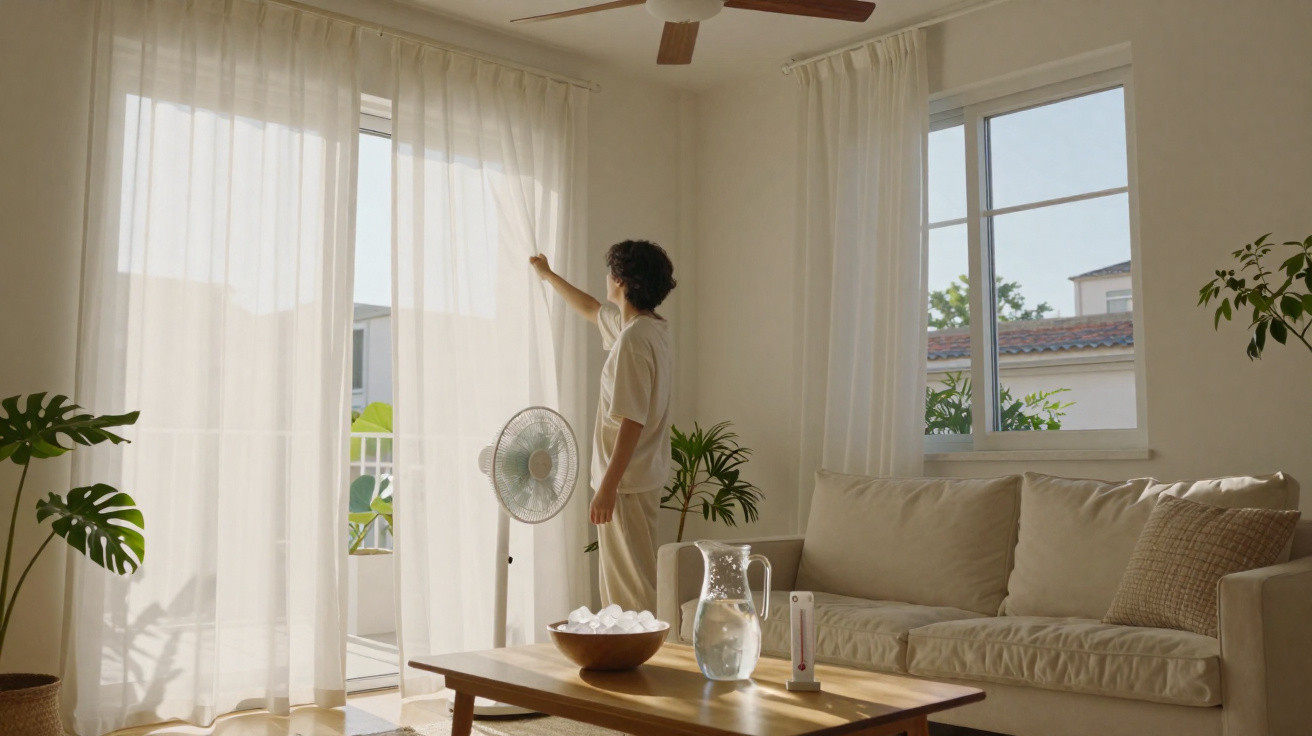 Pessoa abre cortinas transparentes em sala luminosa com sofá, ventoinha, mesas de madeira e plantas.