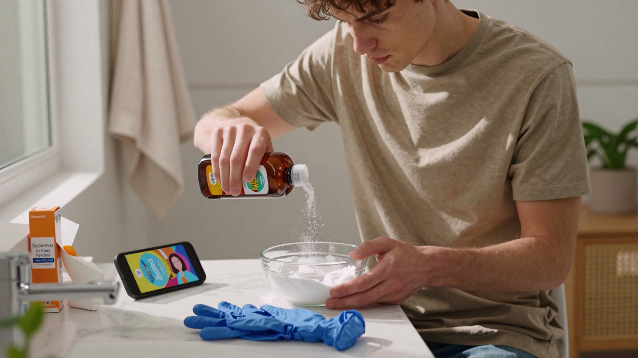 Homem a misturar pó num recipiente transparente na cozinha com luvas azuis e telemóvel próximo.