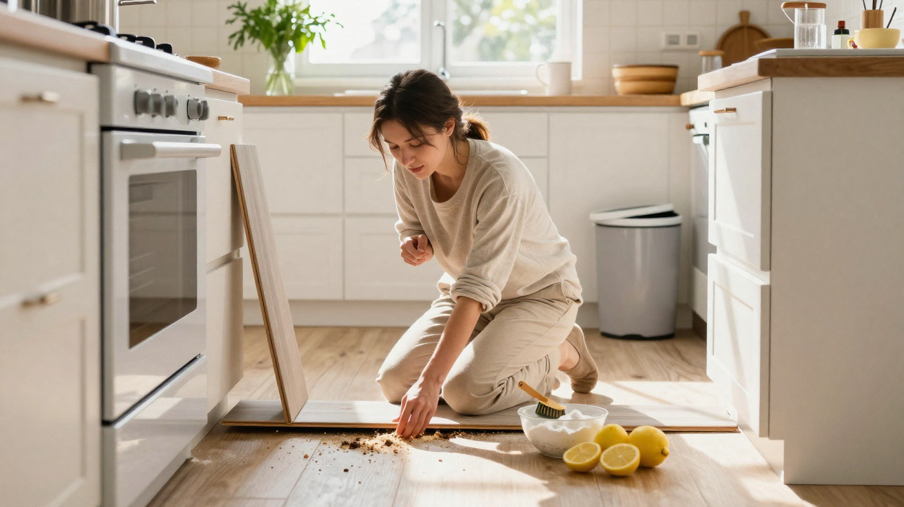 Mulher ajoelhada na cozinha a limpar migalhas do chão com utensílios de cozinha e limões ao lado.
