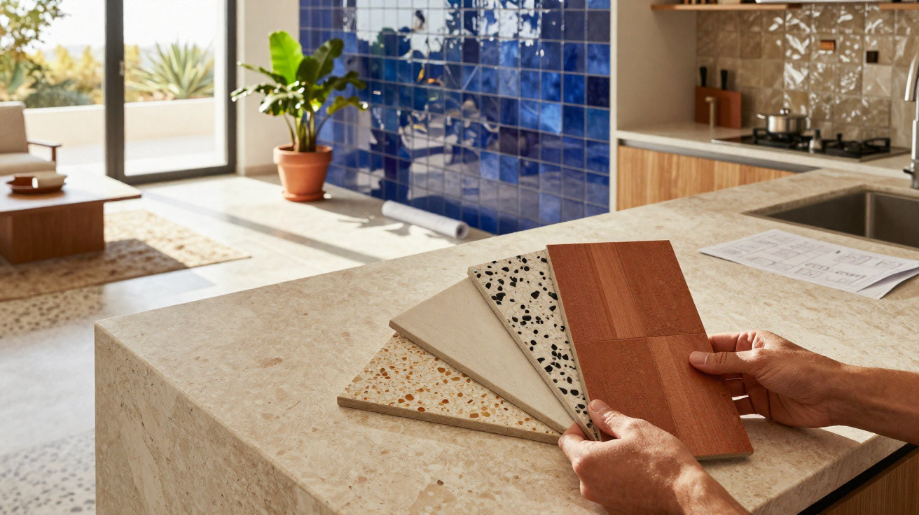 Mãos seguram amostras de revestimento sobre bancada de pedra numa cozinha moderna com parede azul.