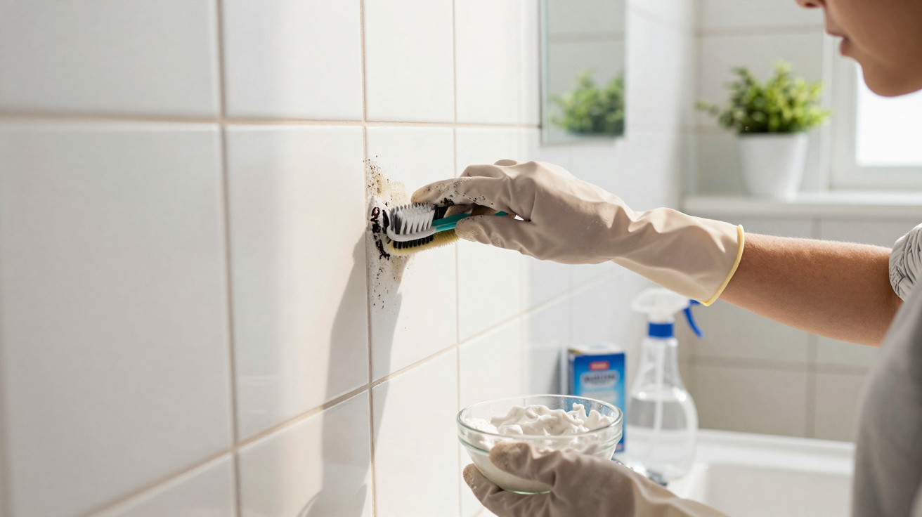 Pessoa de luvas a limpar bolor em azulejos brancos com escova e creme de limpeza num banheiro.