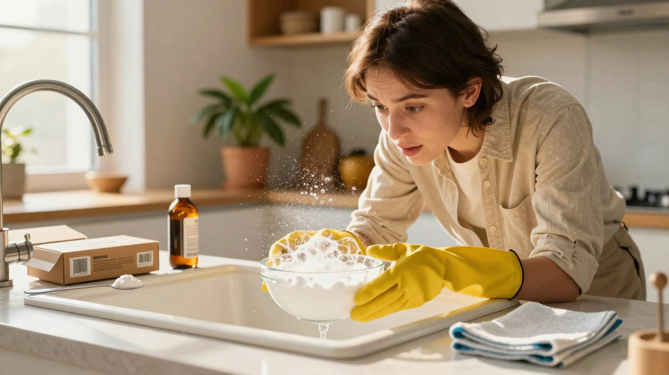 Pessoa com luvas amarelas a lavar loiça espumosa numa pia branca numa cozinha moderna.
