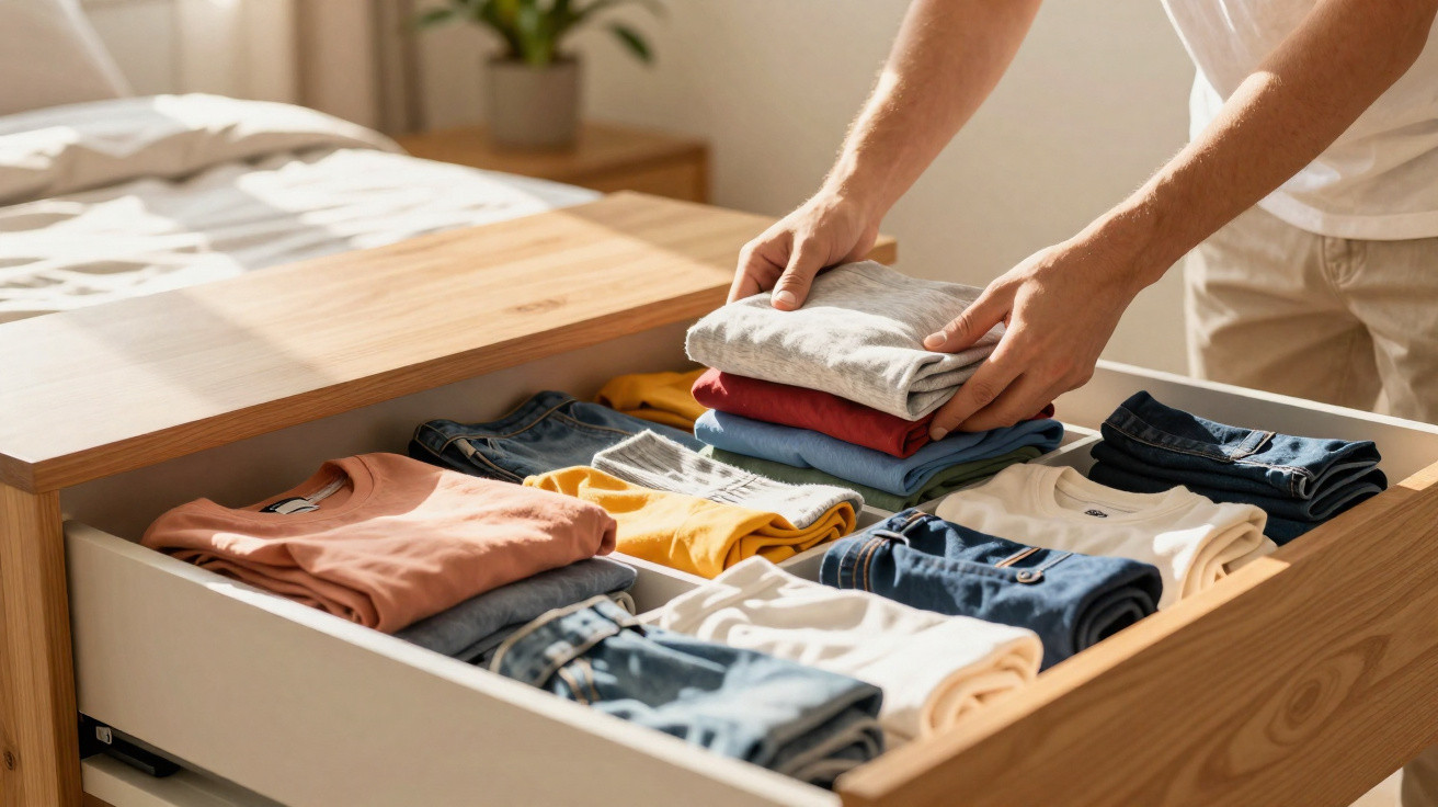 Pessoa a organizar roupas dobradas numa gaveta de madeira junto a uma cama iluminada pela luz natural.