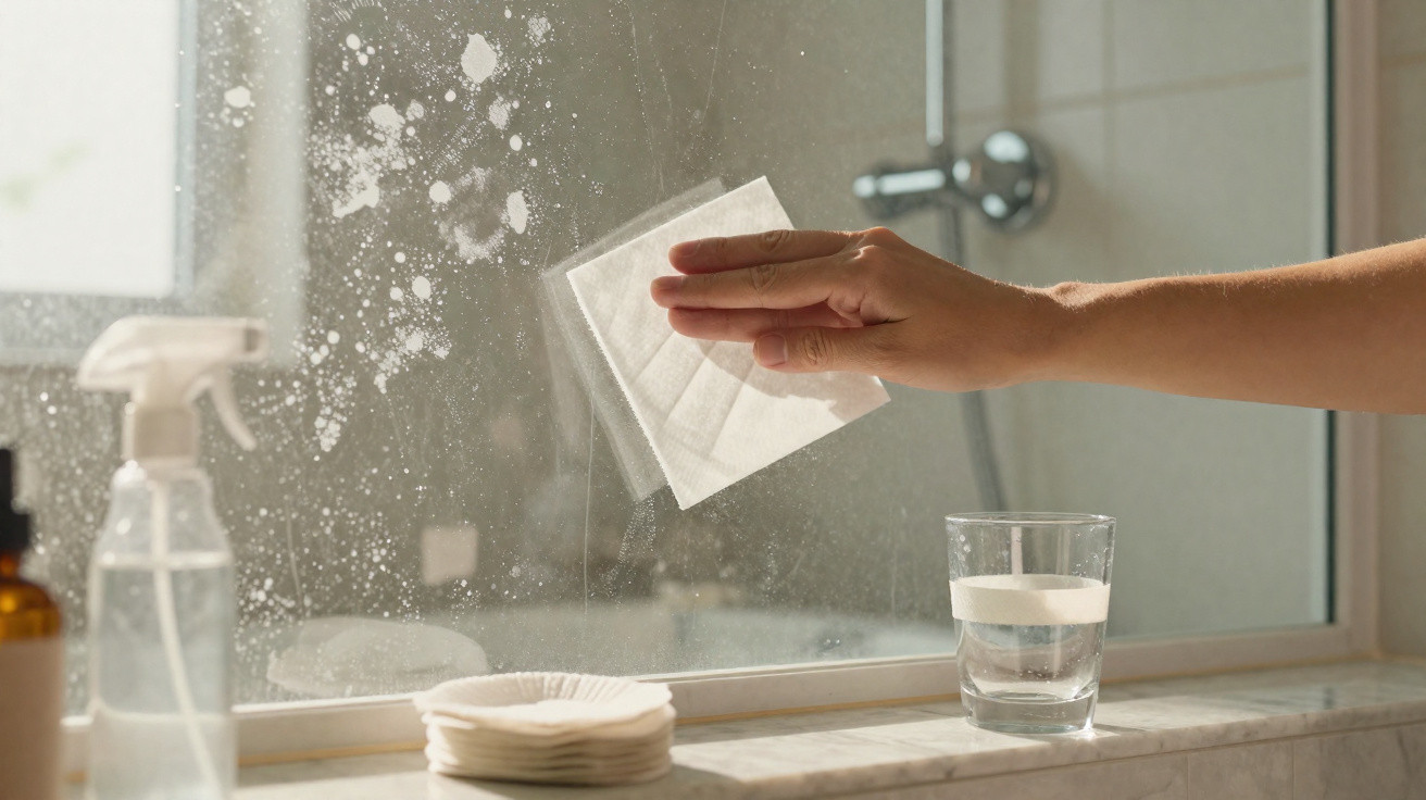 Mão a limpar espelho com papel descartável, perto de spray, copo com água e pacotinho de papel na bancada.