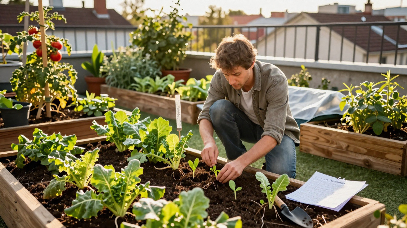 Homem a cuidar de plantas num jardim urbano elevado ao pôr do sol.