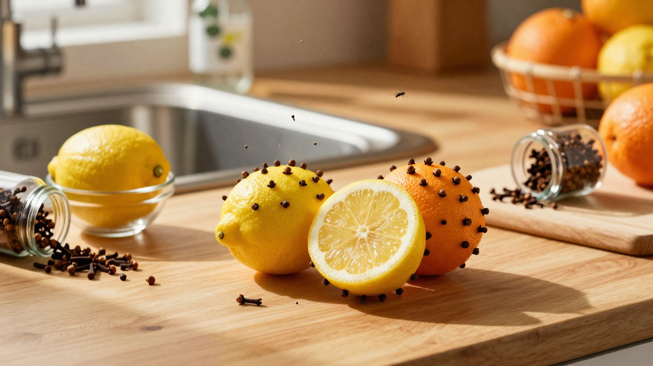 Limões e uma laranja com cravos espetados sobre uma bancada de cozinha iluminada pelo sol.