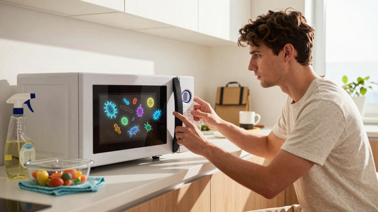 Homem sentado na cozinha prestes a usar micro-ondas com ilustração de bactérias no seu visor.