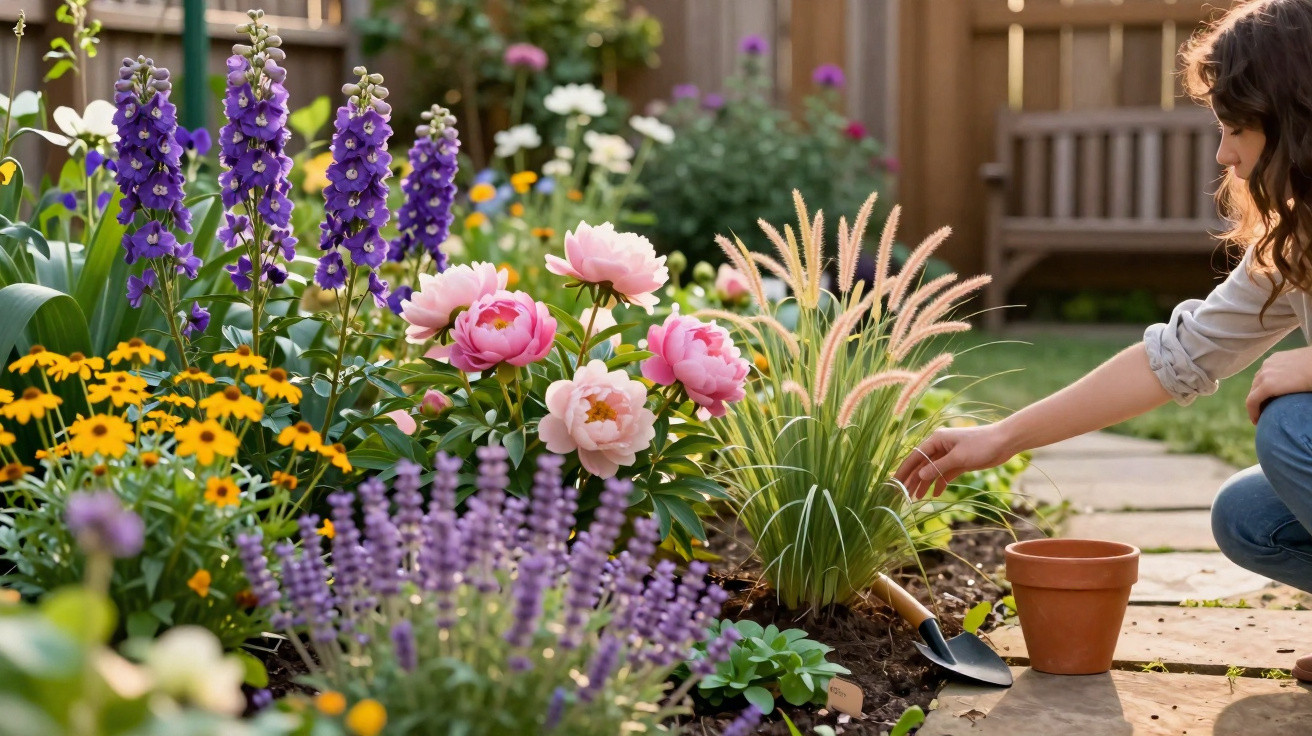Jardim colorido com flores diversas, mulher a cuidar das plantas junto a vaso e pá de jardinagem.