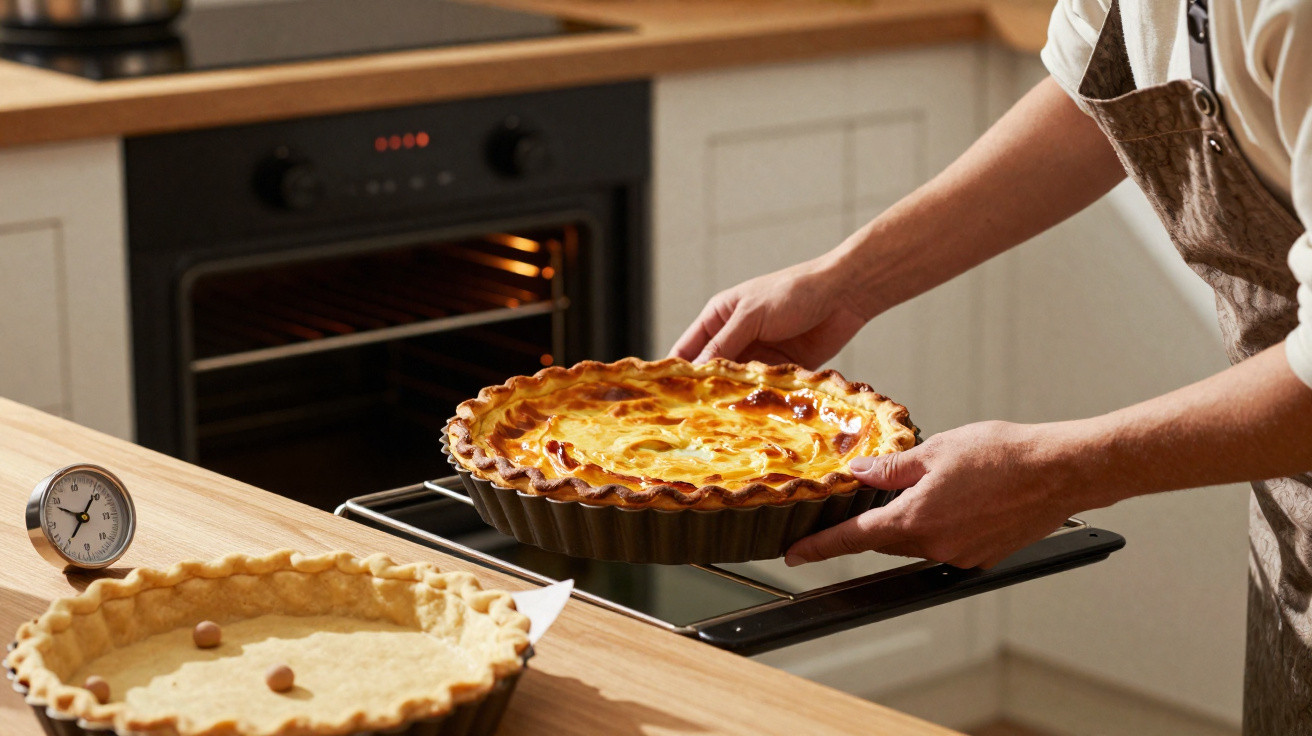 Pessoa a retirar uma tarte acabada de sair do forno numa cozinha moderna.