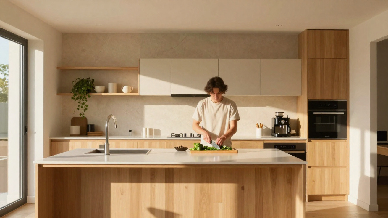 Jovem a preparar salada numa cozinha moderna com móveis em madeira e luz natural.