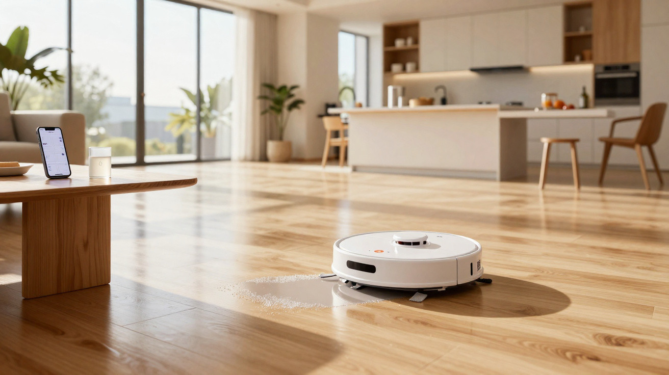 Robô aspirador branco a limpar chão de madeira numa sala moderna e luminosa.