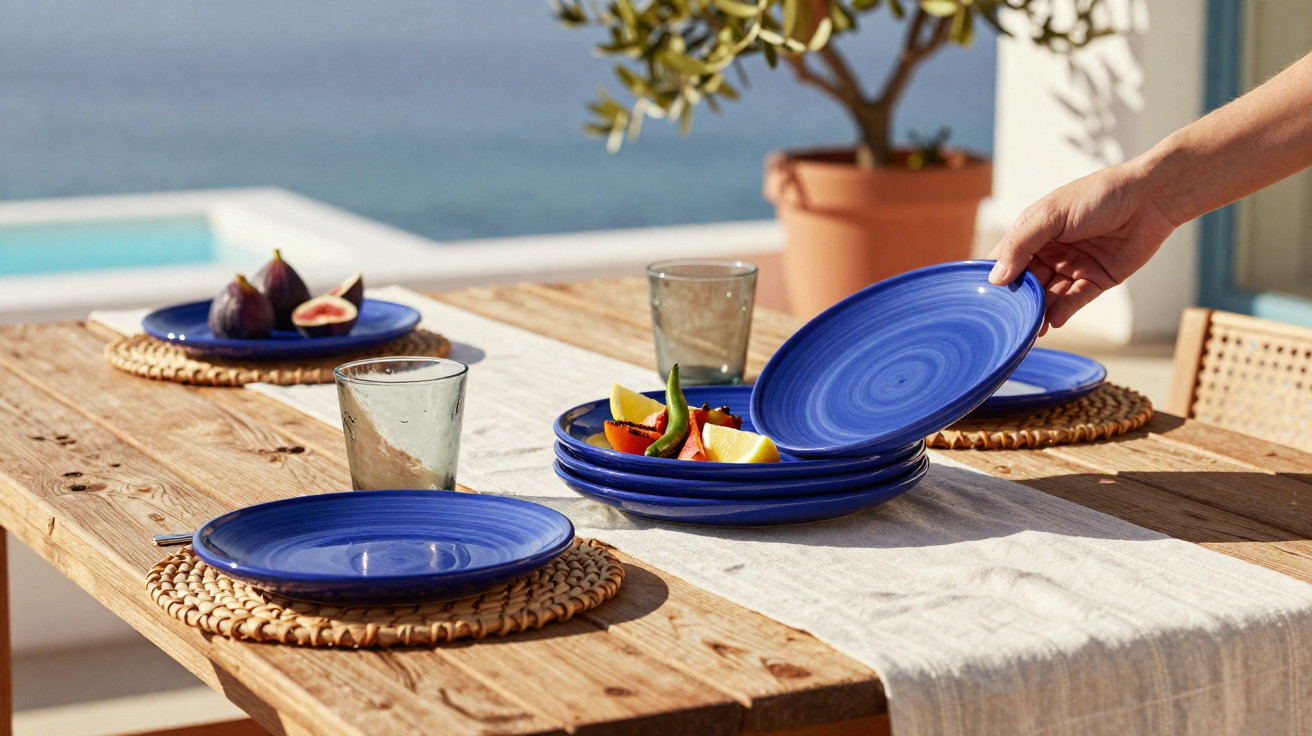 Mesa de madeira posta ao ar livre com pratos azuis, copos e fruta, vista para o mar e piscina ao fundo.