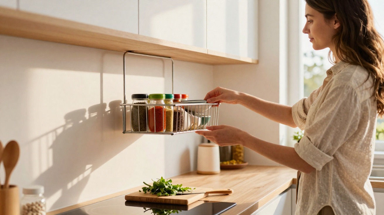 Mulher a organizar frascos de especiarias num cesto suspenso na cozinha luminosa e moderna.