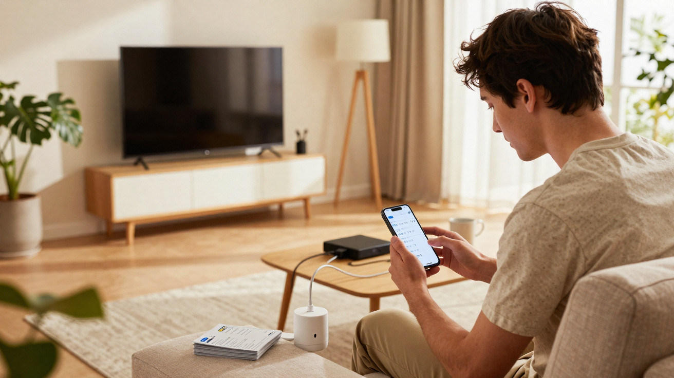 Homem sentado no sofá a controlar um dispositivo doméstico inteligente pelo telemóvel numa sala moderna.