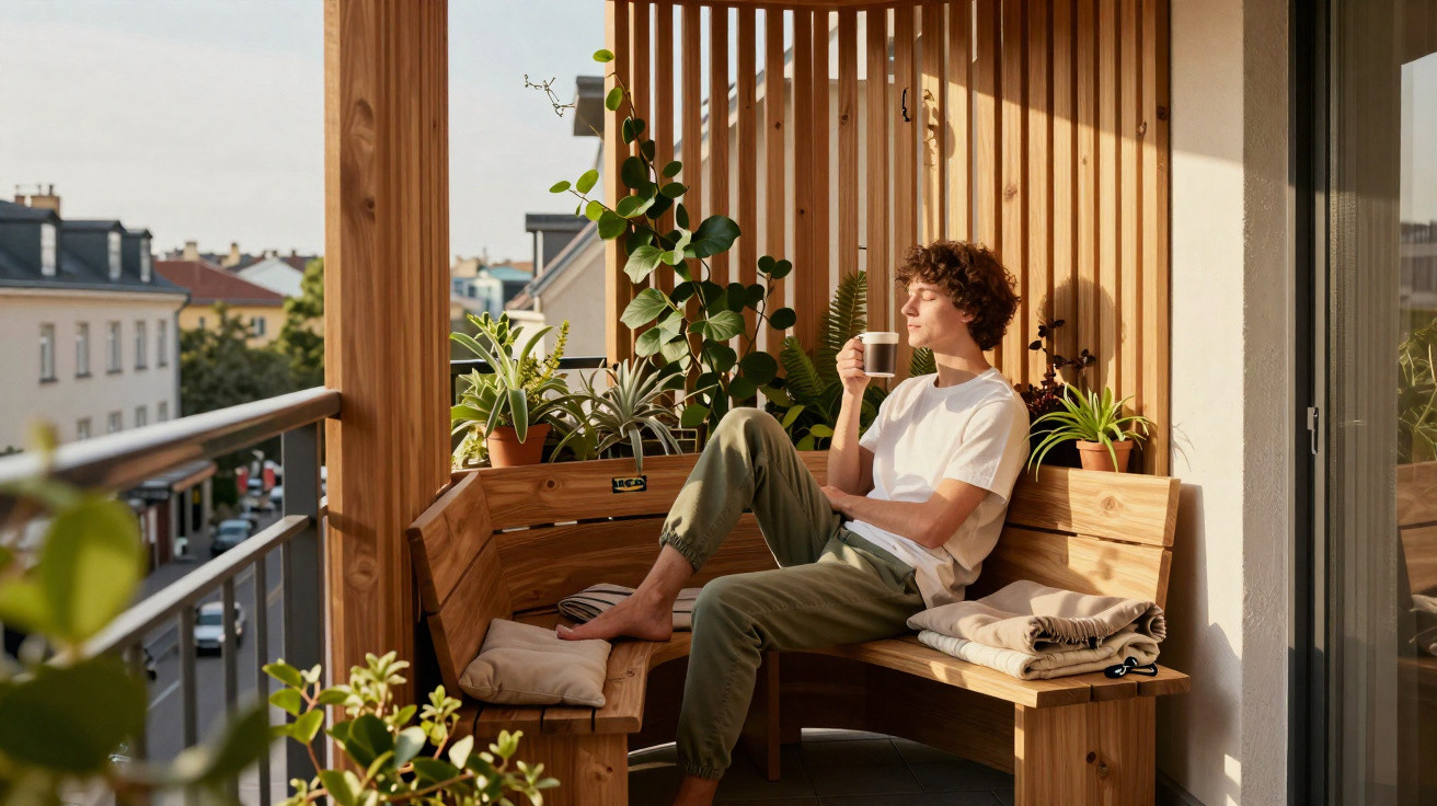 Pessoa sentada num banco de madeira numa varanda com plantas, a beber de uma chávena, ao pôr do sol.