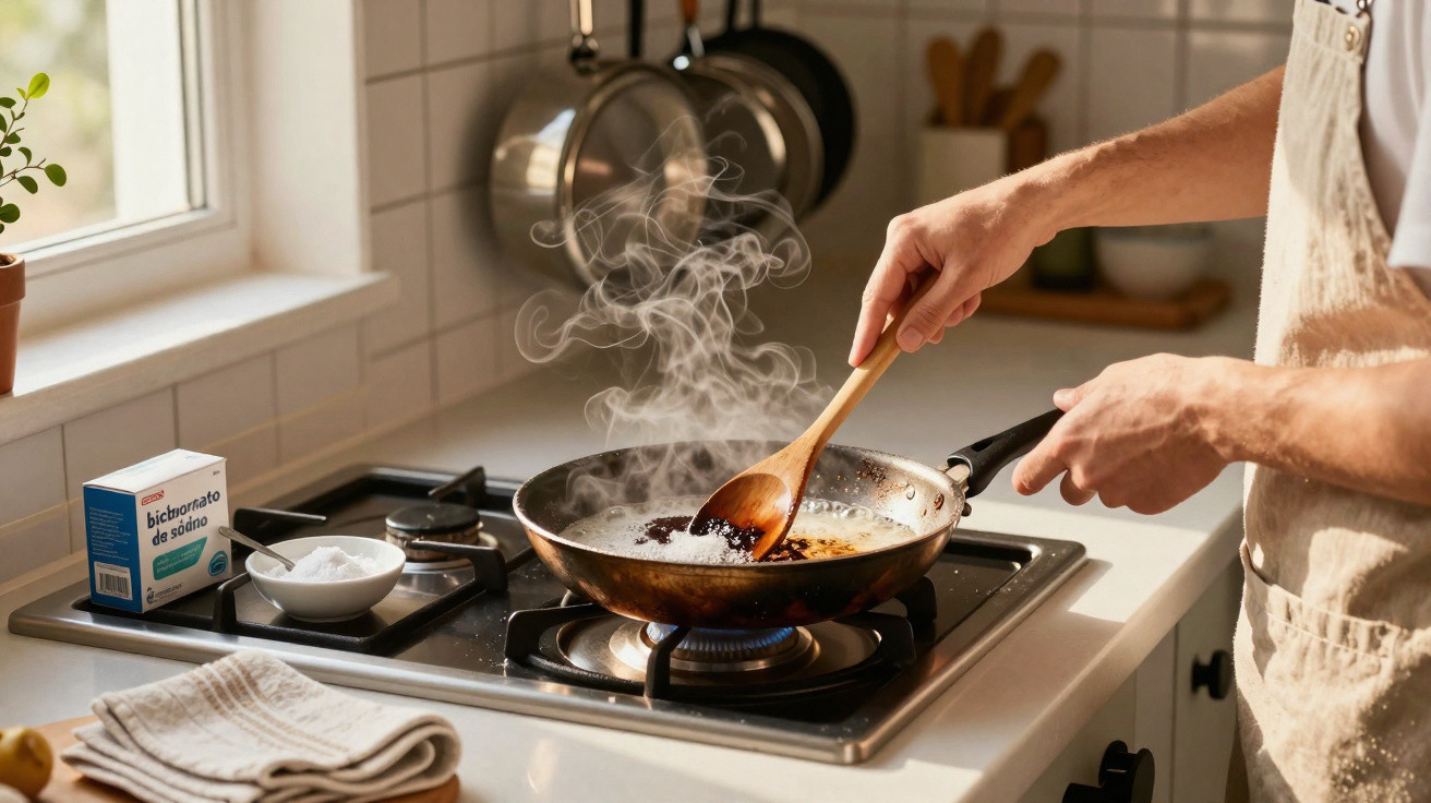 Pessoa a mexer ingredientes numa frigideira no fogão a gás numa cozinha iluminada.