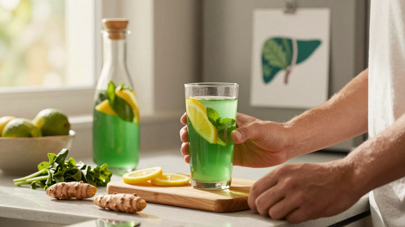 Pessoa segurando copo com bebida verde, limão e hortelã numa cozinha iluminada.