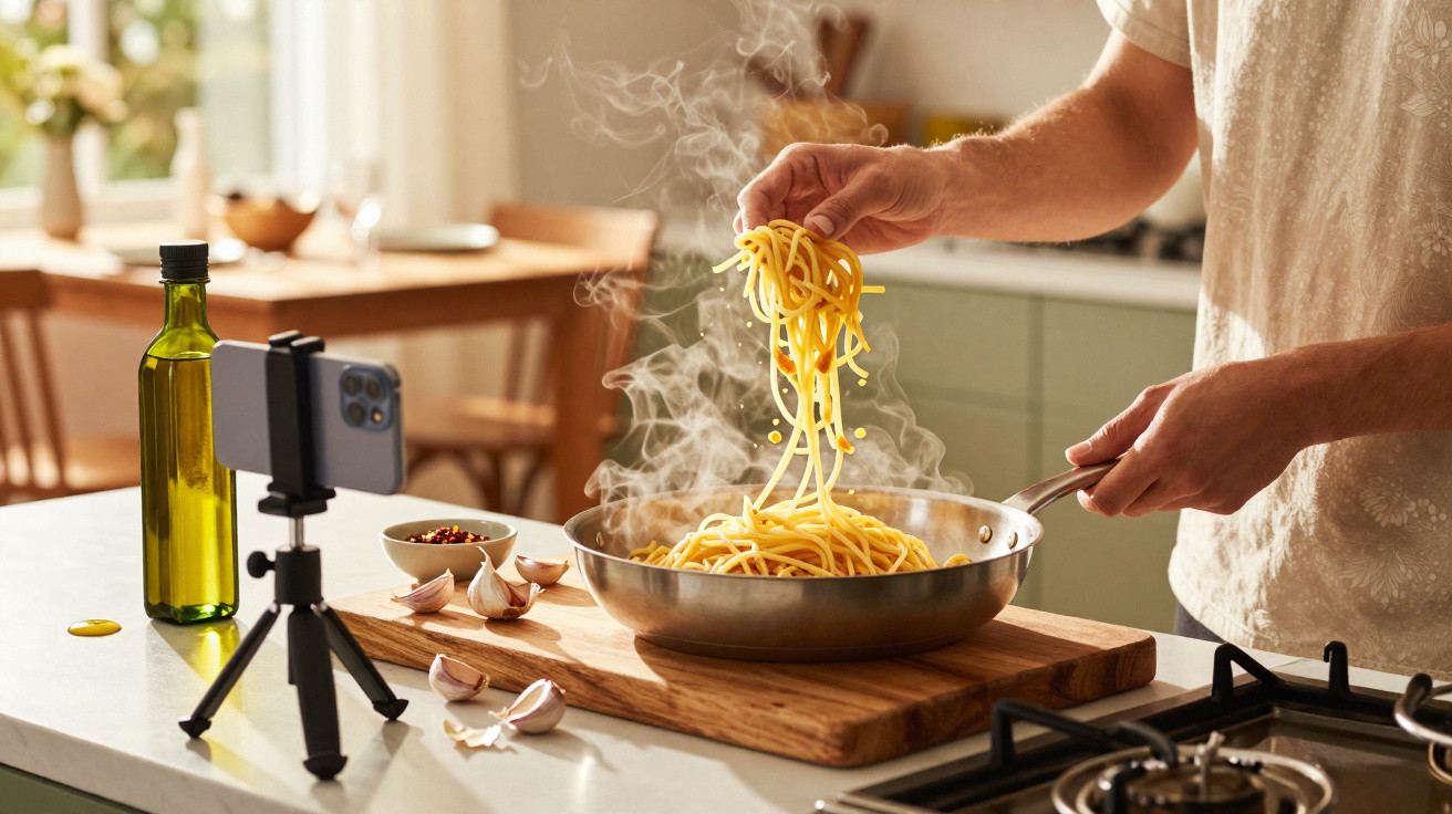 Pessoa a cozinhar esparguete numa frigideira fumegante numa cozinha moderna, com telemóvel a filmar.