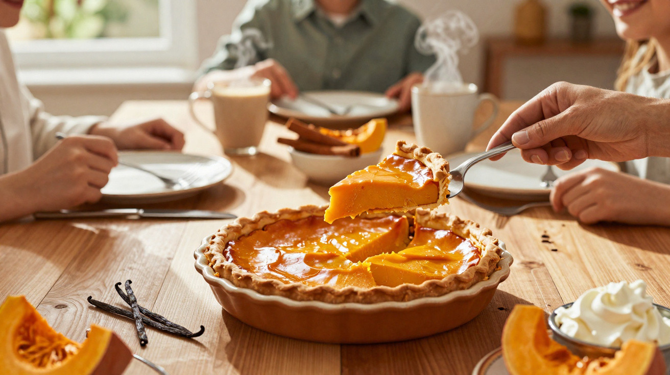 Tarte de abóbora a ser servida numa mesa com pessoas e café, com pedaços de abóbora e chantilly à volta.