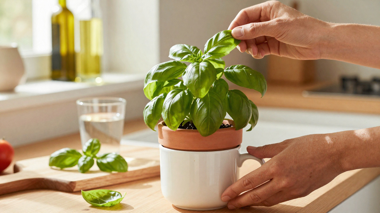 Mãos a cuidar de manjericão numa caneca branca numa cozinha com tábua de madeira e vidro de água.
