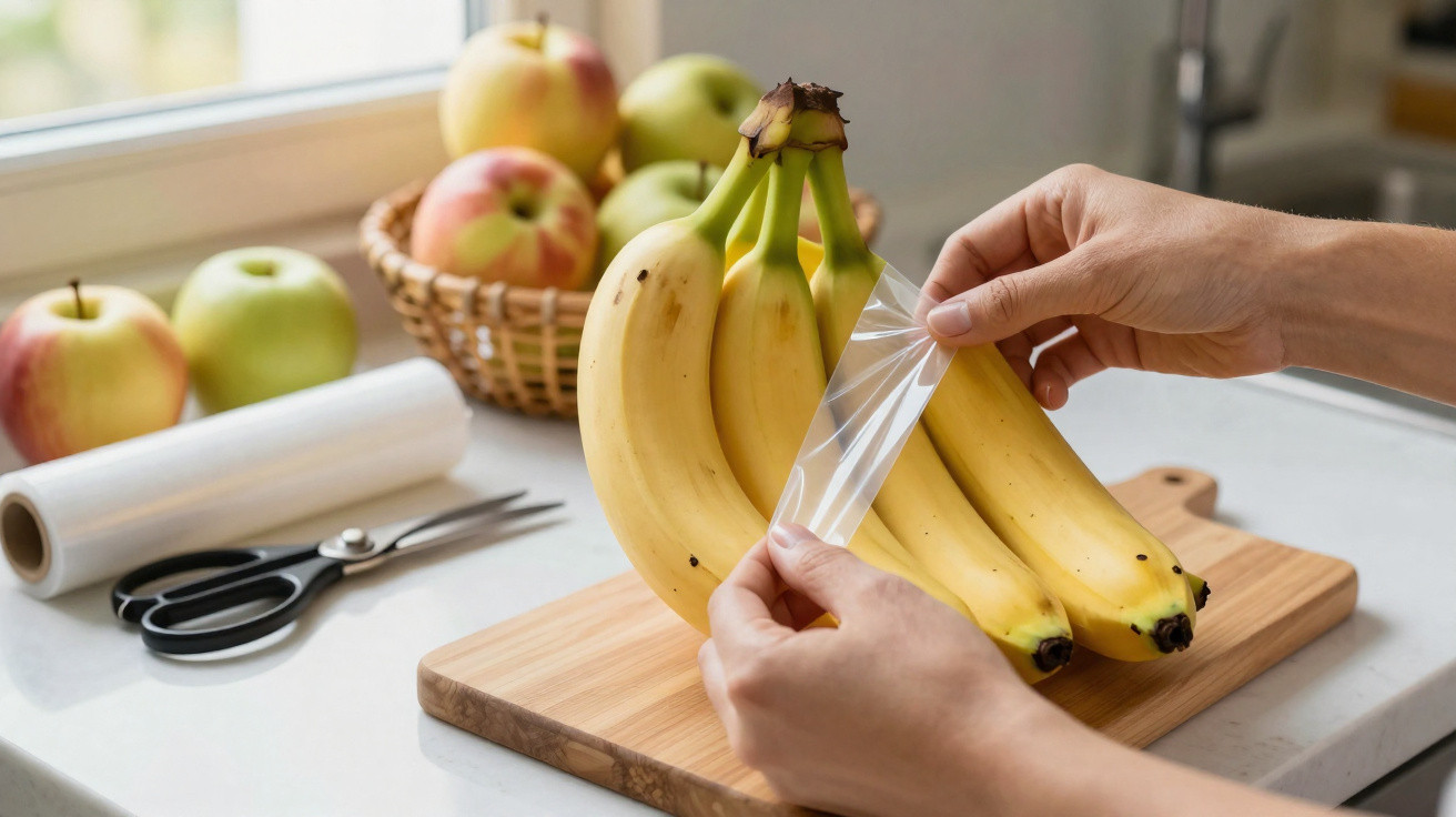 Mãos a envolver cachos de bananas com plástico transparente numa bancada de cozinha com maçãs ao fundo.