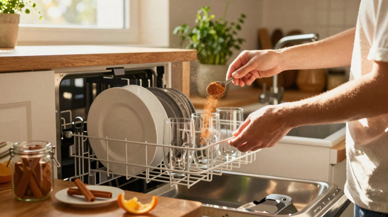 Pessoa a polvilhar especiarias em copos num lava-louças aberto numa cozinha iluminada.